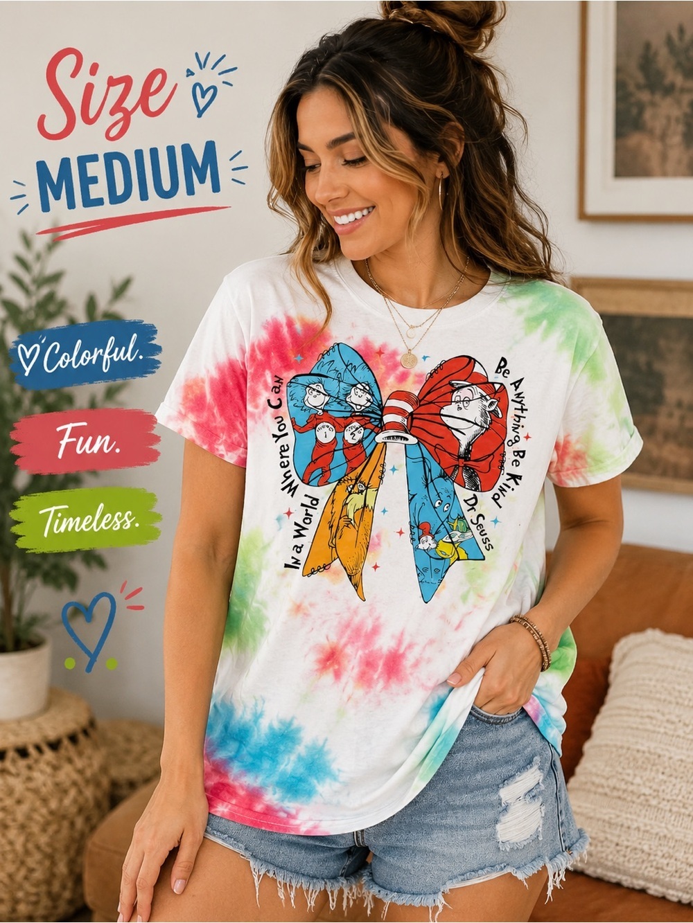 Dr. Seuss Tie-Dye Short Sleeve Tee - White, Red, Blue, Green MEDIUM